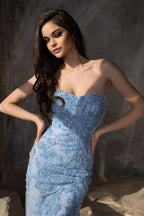 Blue Strapless Column High Split Floor Length Tulle Prom Dress by misshow.com