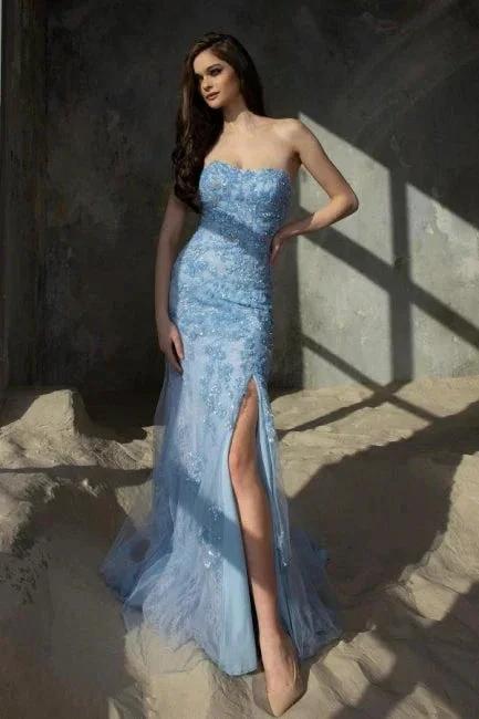 Blue Strapless Column High Split Floor Length Tulle Prom Dress by misshow.com