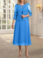 A-line Scoop Tea-Length Lace Chiffon Mother of the Bride Dress With Sequins by Dreamylily