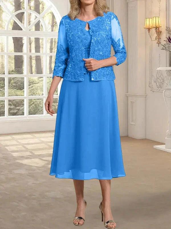 A-line Scoop Tea-Length Lace Chiffon Mother of the Bride Dress With Sequins by Dreamylily