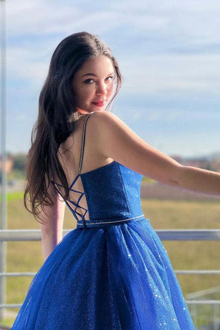 Blaues A-Linien-Tüll-Ballkleid, langes, funkelndes Abendkleid, PSK394