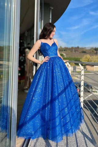 Blaues A-Linien-Tüll-Ballkleid, langes, funkelndes Abendkleid, PSK394