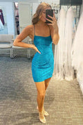 Blue Decorative Pattern Halter Lace Tight Homecoming Dress PD498 by pgmdress