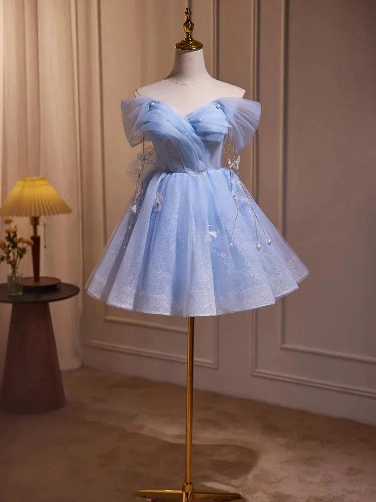 Blue Fairy Off the Shoulder Lace Short Homecoming Dresses by Cicinia
