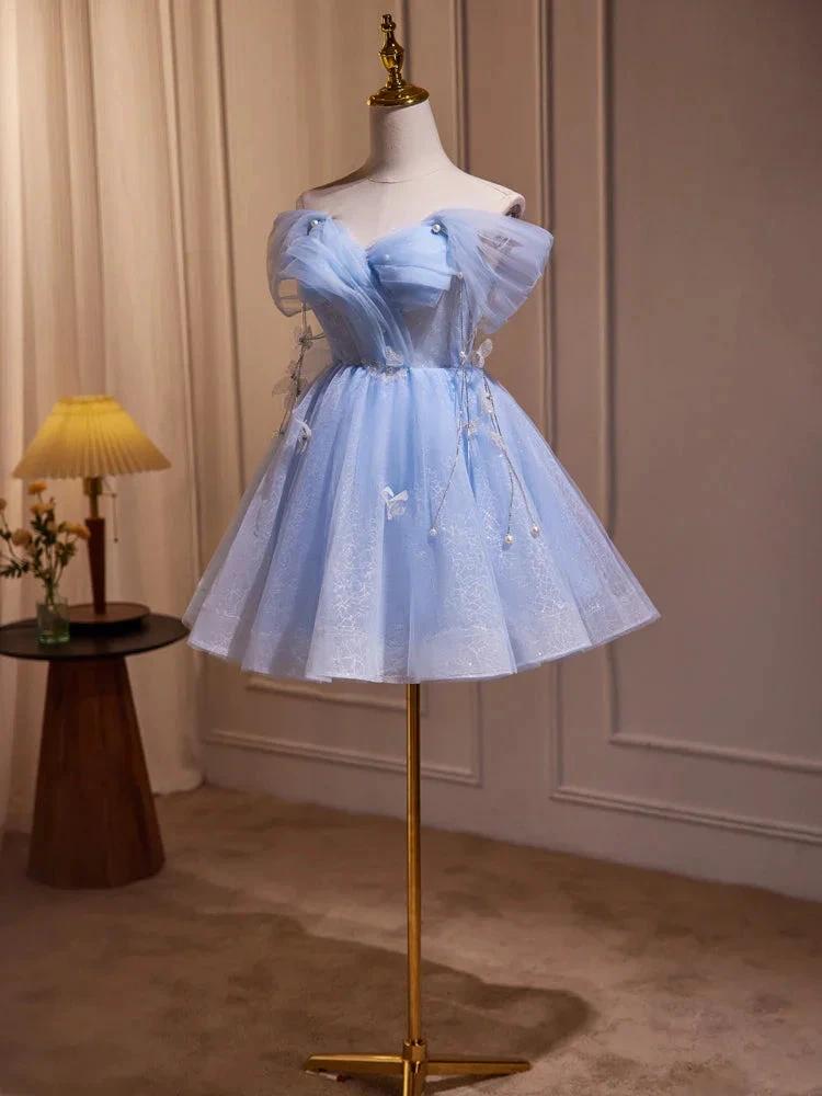 Blue Fairy Off the Shoulder Lace Short Homecoming Dresses by Cicinia