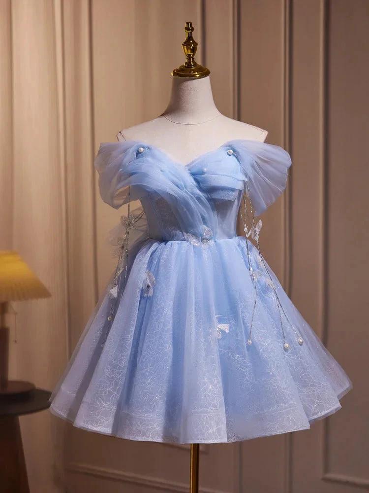 Blue Fairy Off the Shoulder Lace Short Homecoming Dresses by Cicinia