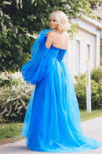 Blue Lace Applique Illusion Sleeves Tulle Long Prom Dress with Slit PSK468 by pgmdress