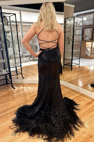 Vestido de fiesta largo con lentejuelas azules, espalda de plumas, sirena, brillante, con abertura PSK419