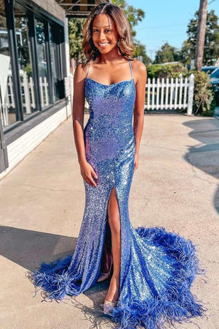 Vestido de fiesta largo con lentejuelas azules, espalda de plumas, sirena, brillante, con abertura PSK419