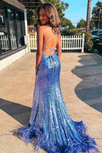 Blue Sequin Feather Back Mermaid Sparkly Long Prom Dress with Slit  PSK419