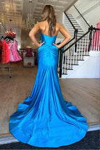 Blue Strapless Long Prom Dress Mermaid Satin Dress with Slit PSK531