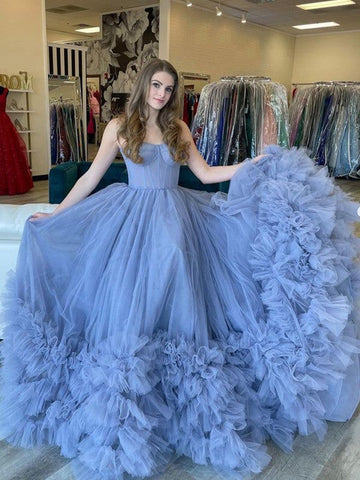 Vestidos formales largos de tul azul sin tirantes SYP168