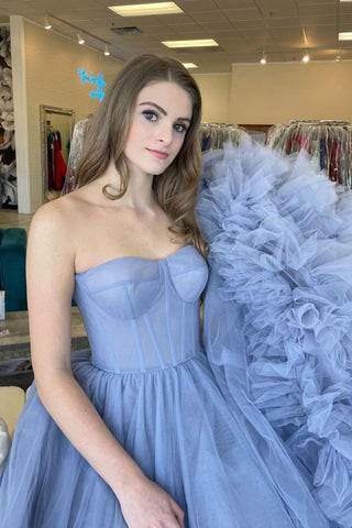 Vestidos formales largos de tul azul sin tirantes SYP168