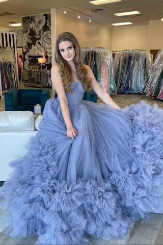 Vestidos formales largos de tul azul sin tirantes SYP168