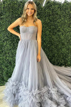 Blue Strapless Tulle Long Formal Dresses SYP168 by vivymakudress