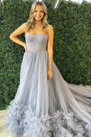 Vestidos formales largos de tul azul sin tirantes SYP168