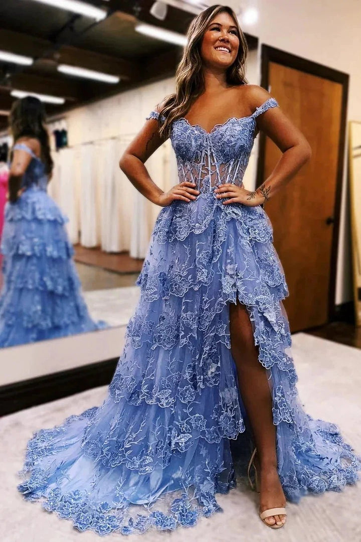 Blue Tulle Appliques Off-the-Shoulder Ruffle Long Prom Dress PSK478 by pgmdress