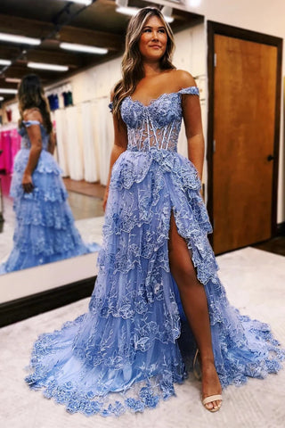 Vestido de fiesta largo con volantes y hombros descubiertos con apliques de tul azul PSK478