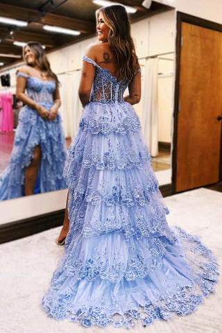 Vestido de fiesta largo con volantes y hombros descubiertos con apliques de tul azul PSK478