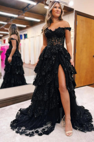 Vestido de fiesta largo con volantes y hombros descubiertos con apliques de tul azul PSK478