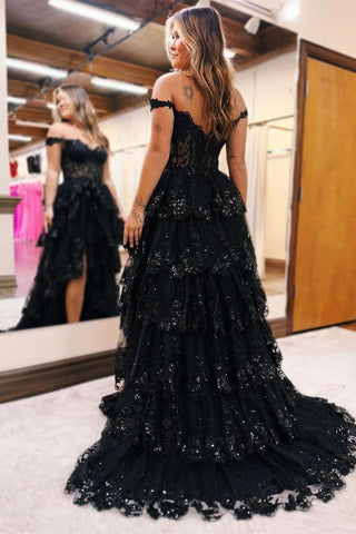 Vestido de fiesta largo con volantes y hombros descubiertos con apliques de tul azul PSK478