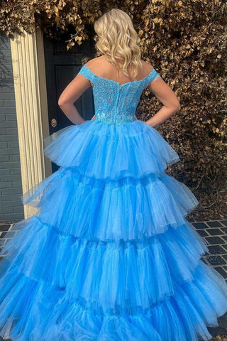 Blaues schulterfreies High-Low-Ballkleid mit Stufen aus Tüllspitze PSK397