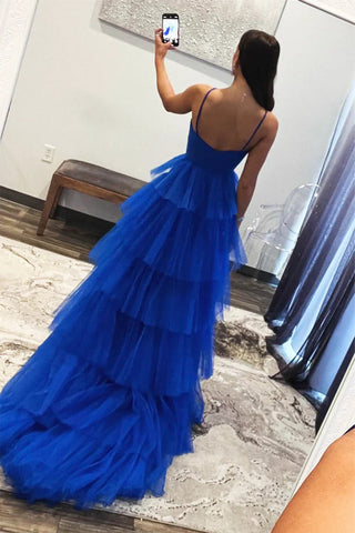 Vestido largo formal de tul azul con capas, estilo princesa, para fiesta de graduación PSK548
