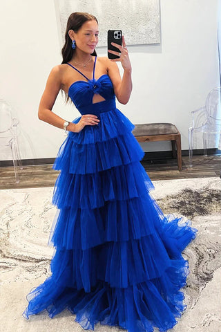 Vestido largo formal de tul azul con capas, estilo princesa, para fiesta de graduación PSK548