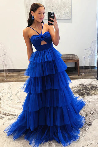 Vestido largo formal de tul azul con capas, estilo princesa, para fiesta de graduación PSK548