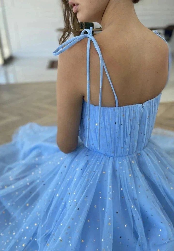 Blue Tulle Sequins Tea Length Prom Dress Party Dress Homecoming Dress PD430 by pgmdress