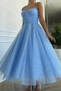 Blue Tulle Sequins Tea Length Prom Dress Party Dress Homecoming Dress PD430 by pgmdress