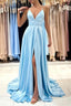 Blue V-Neck Satin Long Prom Dress Simple A-Line Evening Dress PSK396
