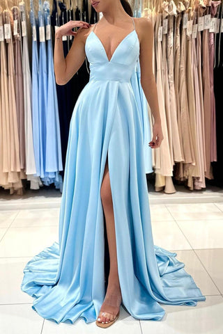 Vestido de fiesta largo de satén azul con escote en V y corte A sencillo PSK396