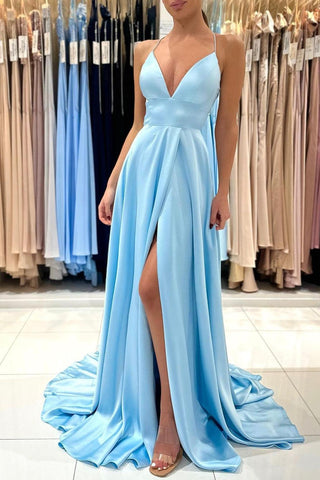 Vestido de fiesta largo de satén azul con escote en V y corte A sencillo PSK396