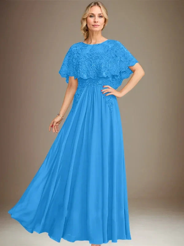 A-line Boat Neck Floor-Length Lace Chiffon Mother of the Bride Dress With Applique Sequins by Dreamylily