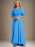 A-line Scoop Illusion Asymmetrical Chiffon Lace Mother of the Bride Dress With Beading by Dreamylily