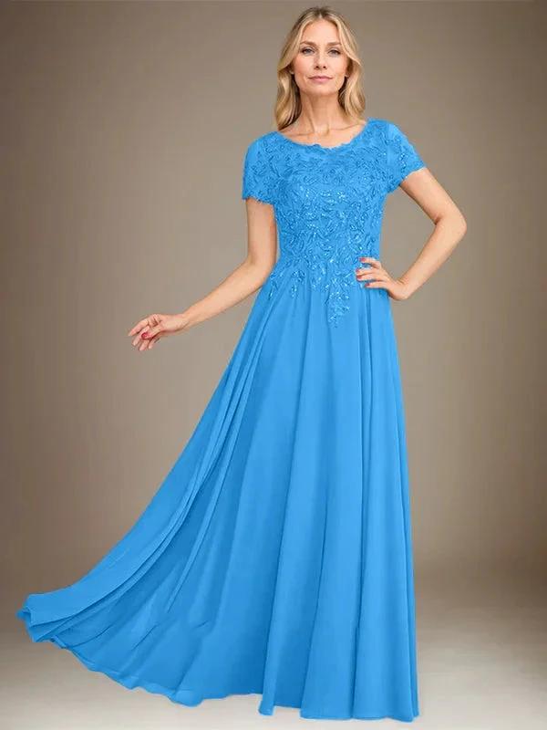 A-Line Scoop Floor-Length Chiffon Mother of the Bride Dress With Applique & Sequins by Dreamylily