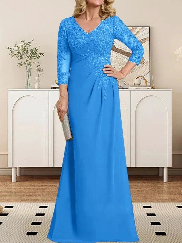 Sheath/Column V-Neck Illusion Floor-Length Lace Chiffon Mother of the Bride Dress With Pleated Sequins by Dreamylily
