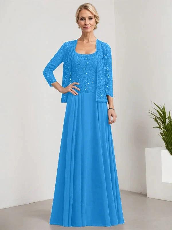A-line Square Floor-Length Lace Chiffon Mother of the Bride Dress With Sequins by Dreamylily
