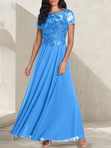 Vestido largo de madre de la novia con escote redondo, corte A, color gris carbón y cuentas