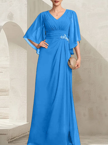 Vestido de gasa para madre de la novia, con escote en V, largo hasta el suelo, con lentejuelas plisadas y abalorios