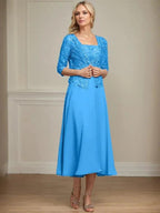 A-line Square Tea-Length Chiffon Lace Mother of the Bride Dress With Sequins Beading by Dreamylily