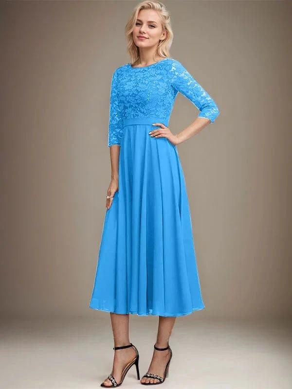 A-line Scoop Tea-Length Lace Chiffon Mother of the Bride Dress With Sequins by Dreamylily