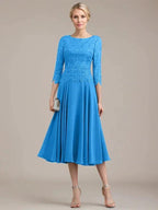 A-line Scoop Tea-Length Lace Chiffon Mother of the Bride Dress by Dreamylily
