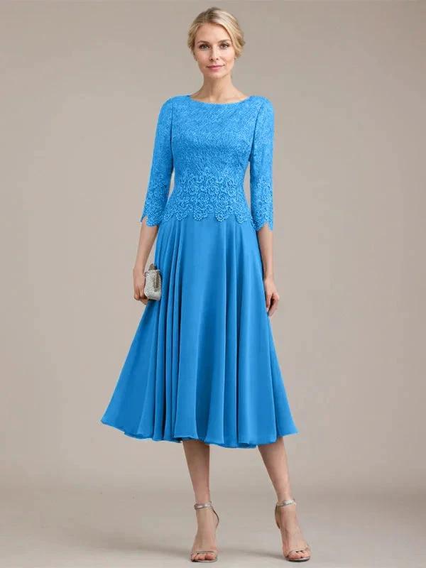A-line Scoop Tea-Length Lace Chiffon Mother of the Bride Dress by Dreamylily