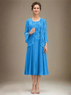 A-line Scoop Tea-Length Lace Chiffon Mother of the Bride Dress With Sequins by Dreamylily