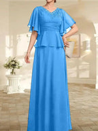 A-line V-Neck Floor-Length Chiffon Mother of the Bride Dress With Pleated Beading by Dreamylily
