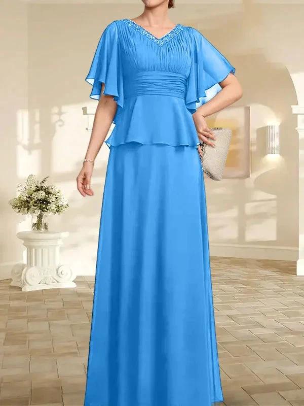 A-line V-Neck Floor-Length Chiffon Mother of the Bride Dress With Pleated Beading by Dreamylily