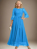 A-line Scoop Ankle-Length Lace Chiffon Mother of the Bride Dress With Bow by Dreamylily