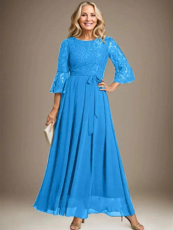 A-line Scoop Ankle-Length Lace Chiffon Mother of the Bride Dress With Bow by Dreamylily